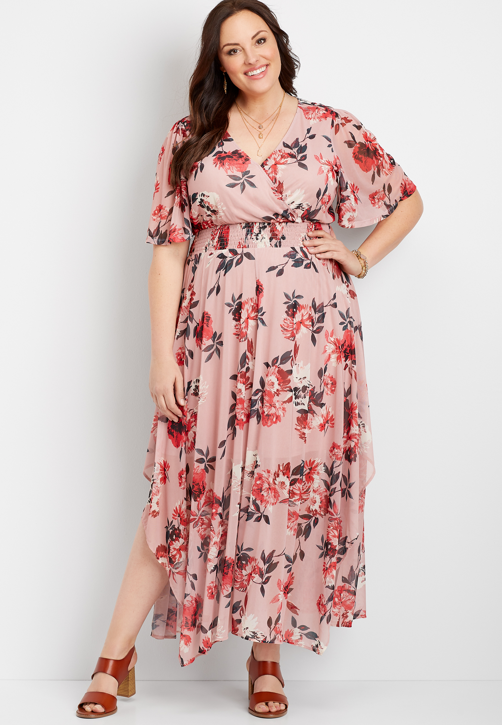 Plus Size Pink Short Sleeve Floral Maxi ...